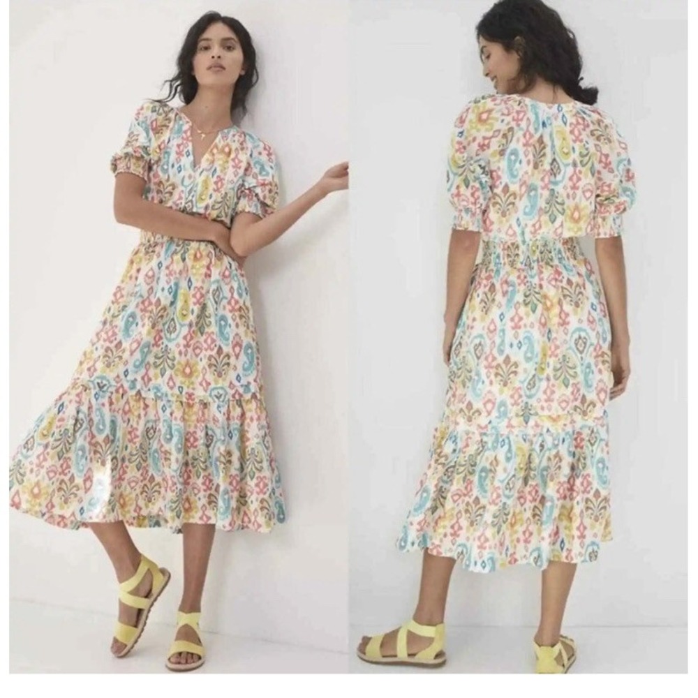 Anthropologie Nancy Felipa Midi Dress 3X Ivory Yellow Pink Ikat Print Pockets